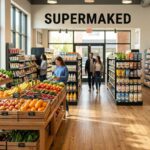 Supermaked local grocery store interior with fresh produce and organized aisles