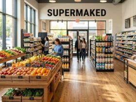 Supermaked local grocery store interior with fresh produce and organized aisles