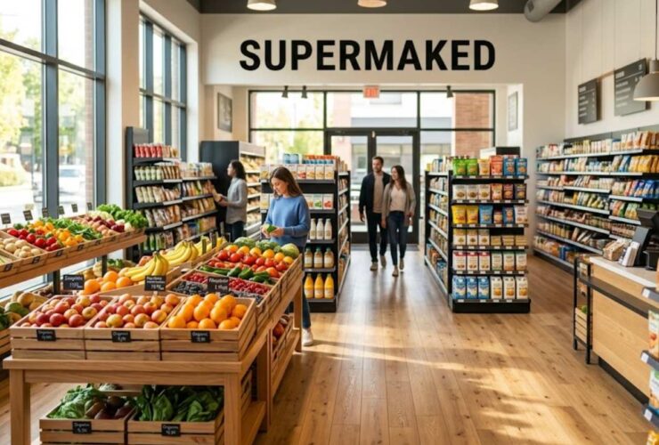 Supermaked local grocery store interior with fresh produce and organized aisles