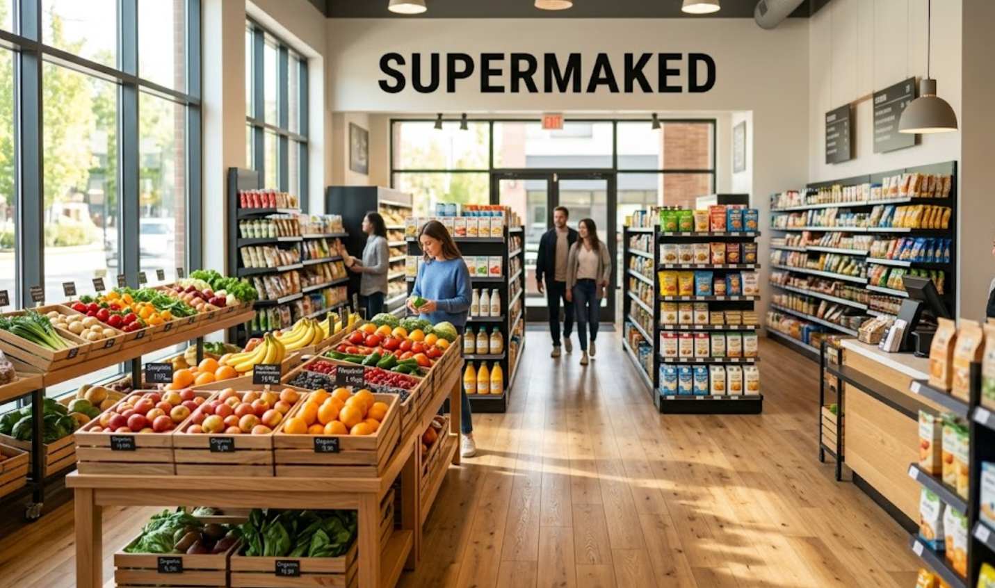 Supermaked local grocery store interior with fresh produce and organized aisles